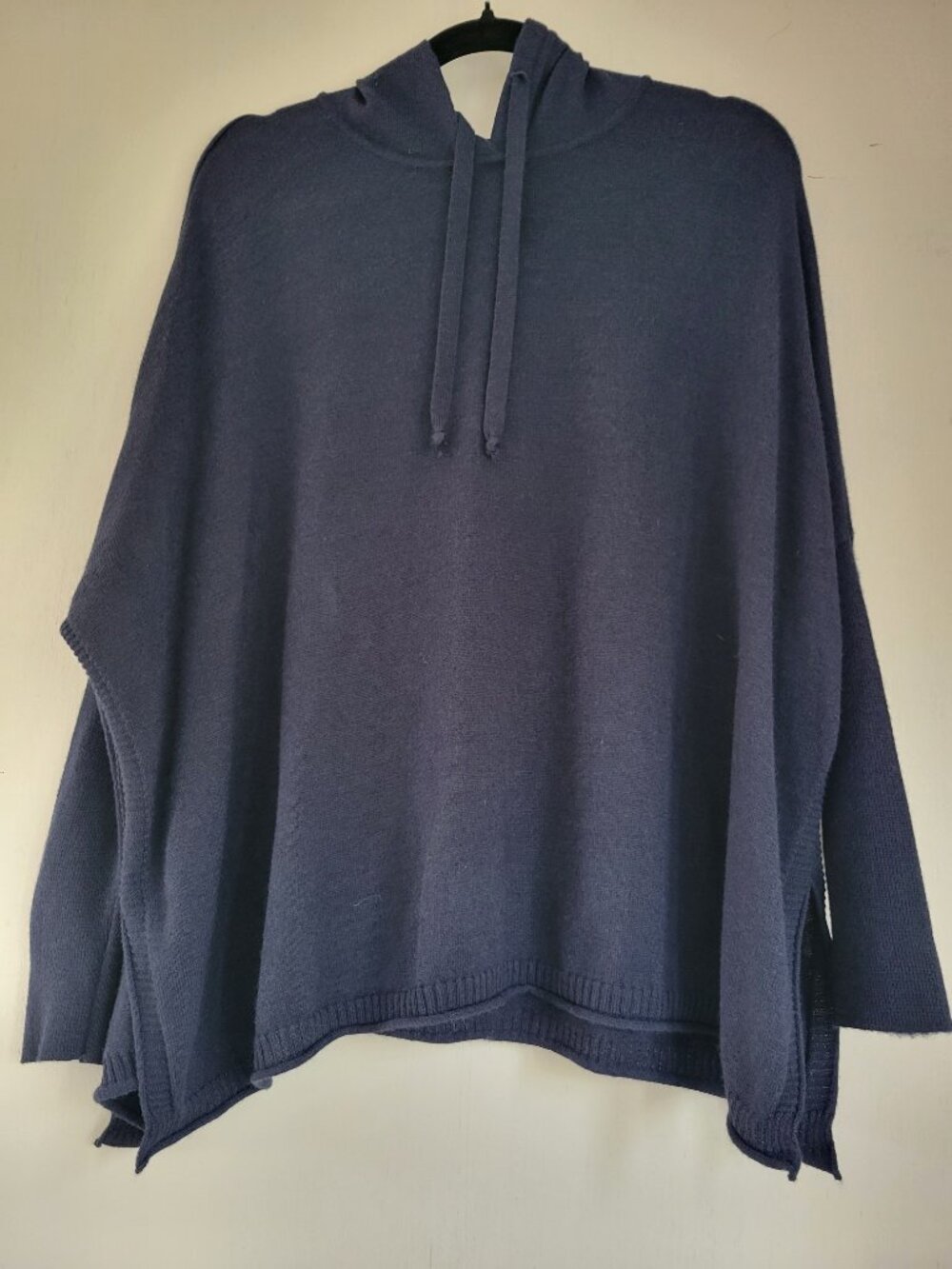 Coastal Boho Hooded Poncho Sweater Navy Oversized Open Side Mersea Lagenlook - Picture 2 of 9